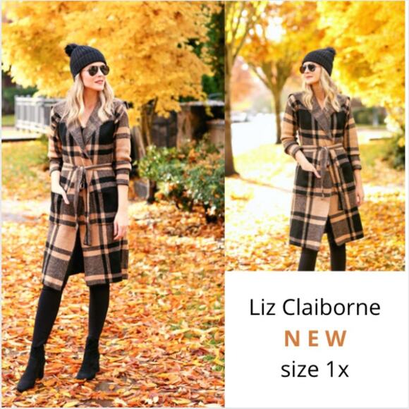 NEW - Liz Claiborne maxi cardigan plaid brown black size 1X belt & pockets fall - Picture 1 of 9